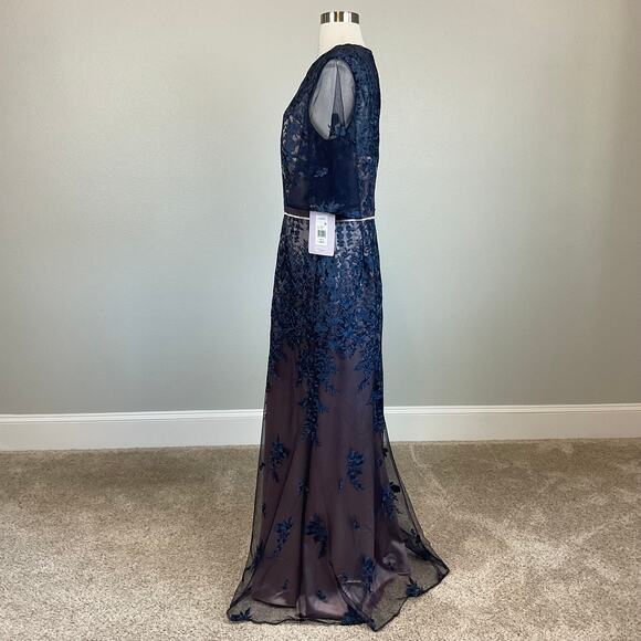 JS Collections Lace Short Sleeve Evening Gown Blue Size 10 Embroidered Formal - Picture 5 of 14